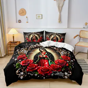 Guadalupe Virgin Theme Duvet Cover Set, Includes Quilted Blanket & Pillowcase, Rose Diamond Pattern, Guadalupe Mother Motif, Comfortable Home Decoration, Bedroom Use, Create a Solemn and Artistic Religious Atmosphere for the Bedroom