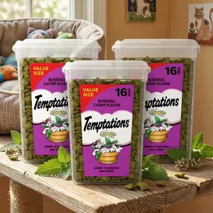 3 Packs Temptations Catnip Cat Treats 16oz Tub – Crunchy Outside Soft Inside, Blissful Catnip Flavor, Low Calorie Cat Snacks for Picky Cats & Training Rewards