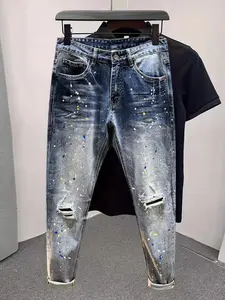 Men's Washed Denim Jeans, Spray Paint Splatter Ripped Patchwork Slim-Fit Autumn Style Streetwear, Fashion Casual Pants for Daily Wear