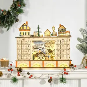 Christmas Advent Calendar, Light Up Table Xmas Wooden Store Holiday Decoration with Countdown Drawer, Village, for Kids and Adults, Natural