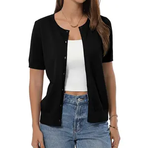 QUALFORT Women's 100% Cotton Knitting Cardigans - Soft, Lightweight, Ribbed, Minimalist Short-Sleeve Crewneck Button-Down Tops with Perfect Fit for Summer Vibes
