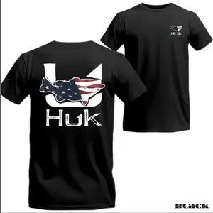 [Ssummer outfits]Huk American Flag Fish Graphic T-Shirt, Black Fishing Tee With Patriotic Fish Silhouette Back Print And Small Chest Logo, Unisex Angler Shirt For Offshore And Inshore Fishing, Top Menswear Streetwear Casual Vintage In Utero Men's