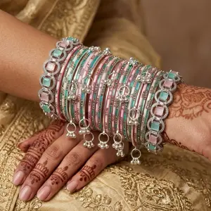 31 pc set Luxury 2Kadas/ 5 Ghungroo Kashmiri Sliver/ Sliver AD Jewelry pink and Mint Rainbow Chura Bangle Set with Latkan  Heavy Festive Silk/Glass Look Bridal Bangles,