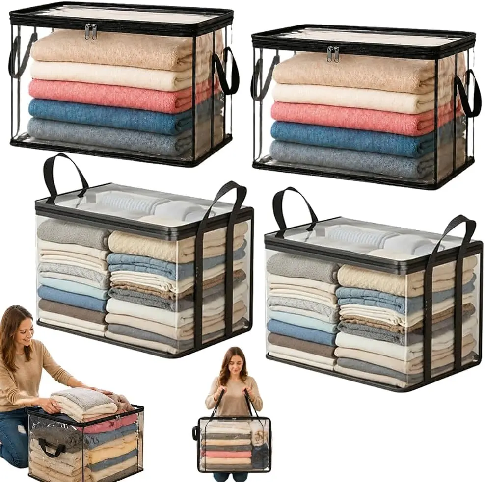 Extra Large Clear Pvc Storage Bags with Zipper Handles Heavy Duty Thick Plastic Clear Storage Bins for Clothes Blankets Toys Moving Foldable Closet Organizer Storage Containers (4, Black, L)