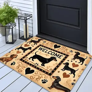 1 Piece Dachshund Dog Welcome Doormat - Cute Paw Print & Heart Design, Machine Washable Indoor & Outdoor Door Mat for Entrance, Kitchen, Bathroom - Pet-Friendly Home Decor, Front Door Welcome Mat with Playful Dachshund Pattern, Plush Flannel Texture
