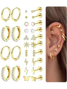 Flat Back Gold Earrings for Women Fashion Earrings Trendy Hypoallergenic Steel Earrings for Sensitive Ears-20G Cartilage Earring Stacks Gold Plated Small Flatback Stud Hoops Cartilage Earring Set