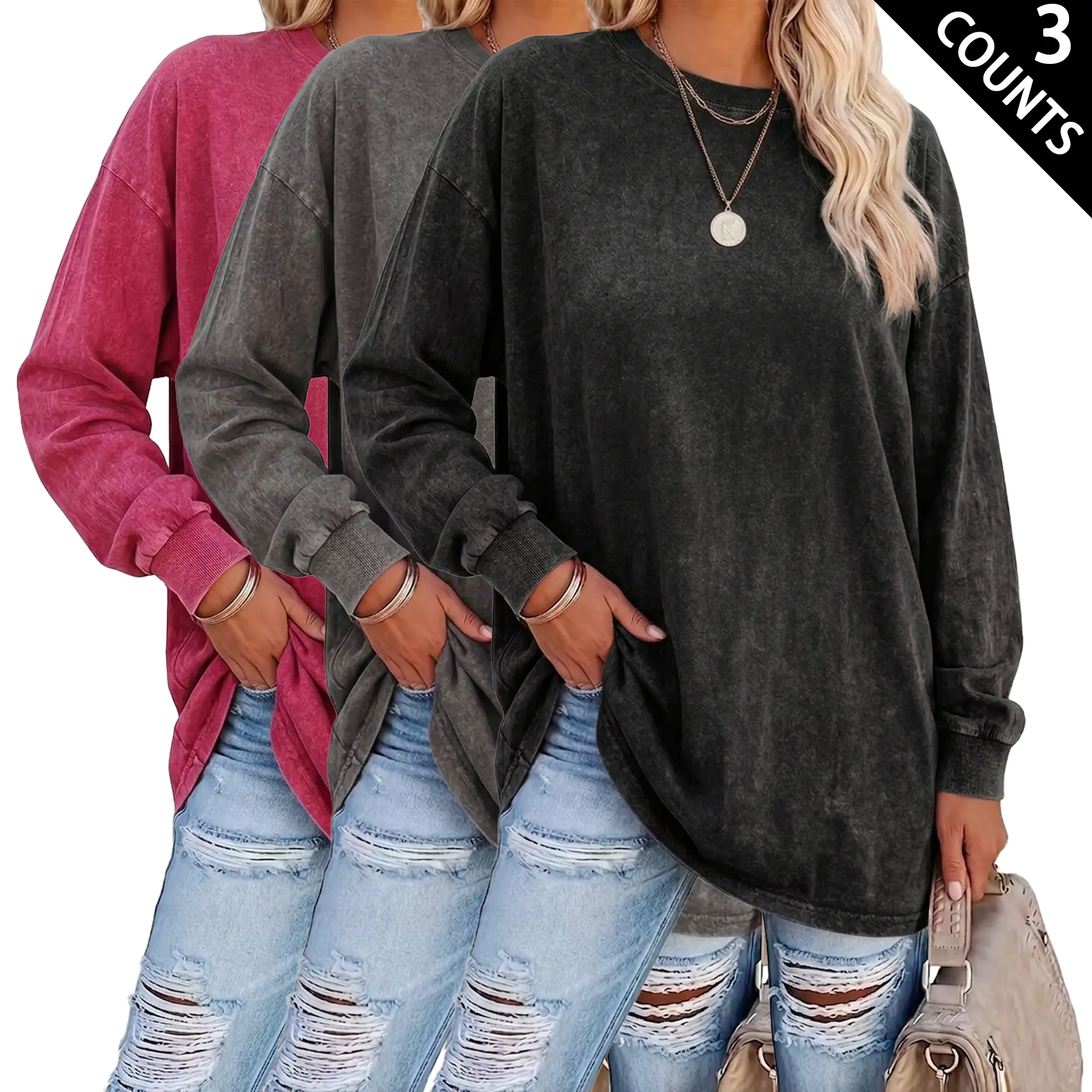 3-Pack Women’s Long Sleeve T-Shirts, Washable Vintage Look, Loose Fit, Crew Neck, Drop Shoulder, Casual Mid-Length Base Layer Tops backtoschool,clothes for back to school,first day of school outfits