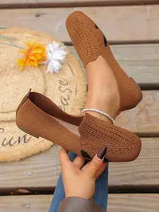Women's Square Toe Flat Shoes, Colorblock Knit Slip-On Loafers, Comfortable Versatile Casual Footwear, Round Toe Textile Upper, Rubber Sole