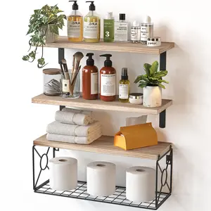 Bathroom Shelves Over Toilet with Storage Basket, Floating Bathroom Wall Shelves for Home Organization & Wall Decor, Bathroom/Kitchen/Living Room Shelves–Natural Wood