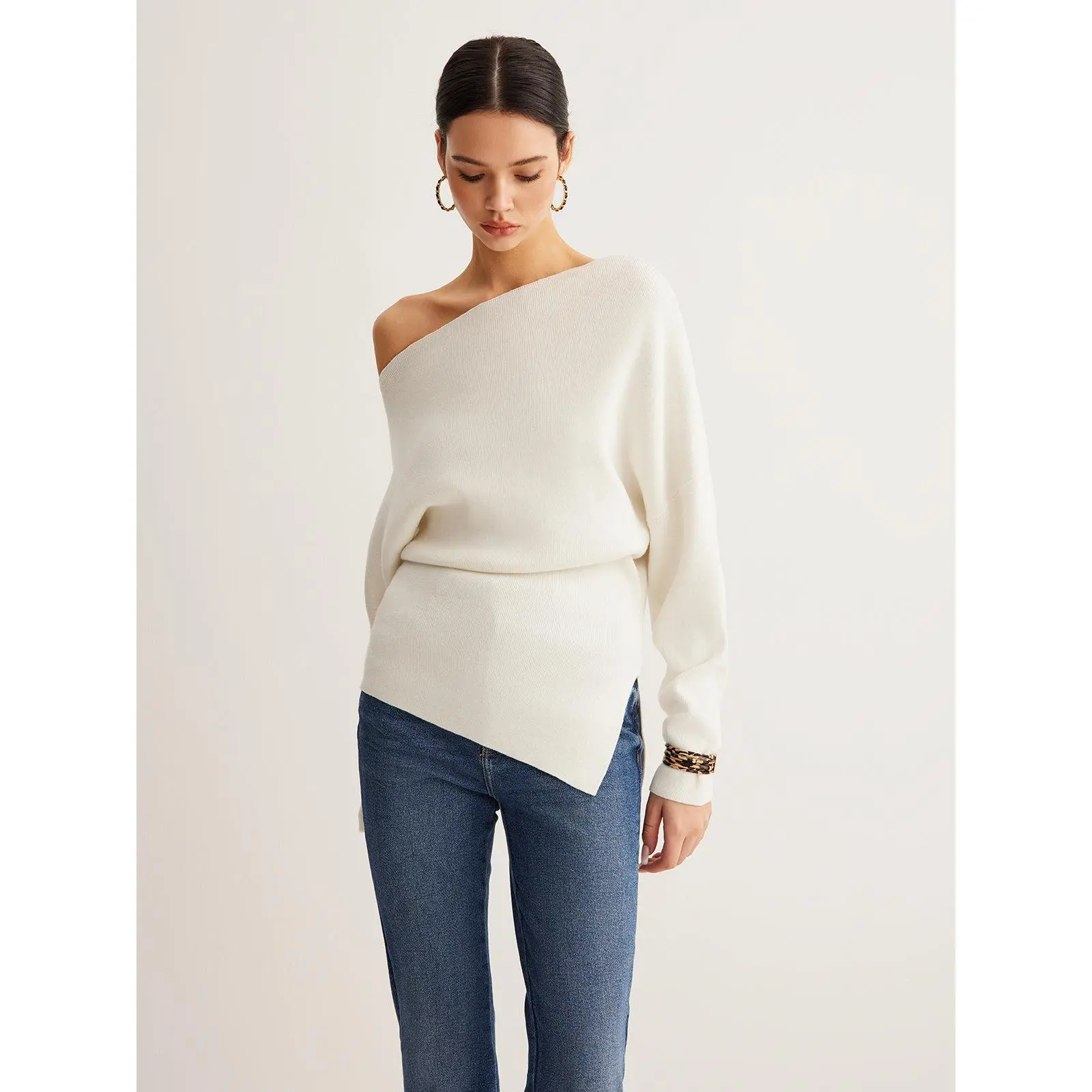 Wool-Blend Asymmetrical Neck Knit Top Wool-Blend Asymmetrical Neck Knit Top