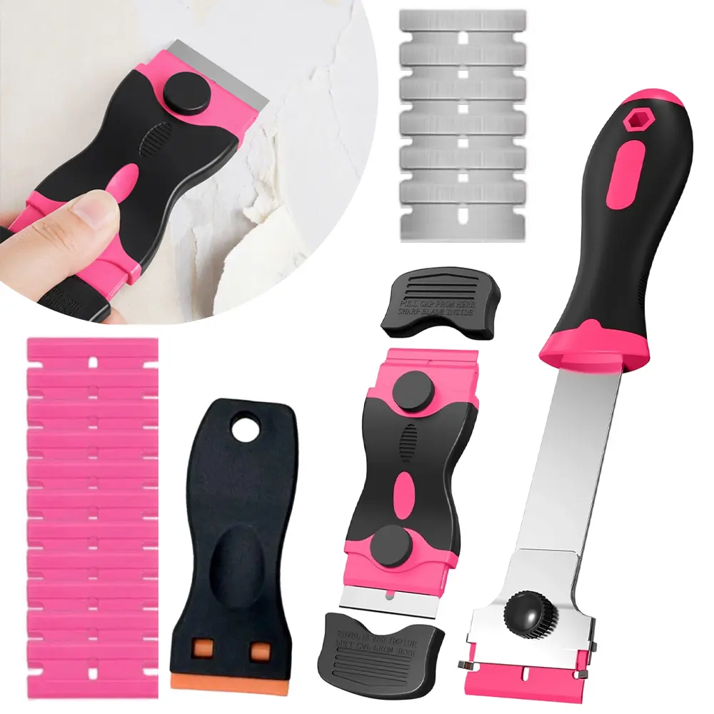 1Set Anti-Slip Razor Blade Scraper Set, Multi-Type Automotive Car Repair Tool for Glass, Cooktop Sticker Removal, Cleaning Ceramic Tiles & Metal/Plastic Surfaces (Pink, 3-Pack), Ergo Grip, Ergonomic Handle Design