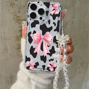 Cow Print Bow Phone Case Shockproof Wear-resistant with Bow Strap Compatible iPhone11-17promax