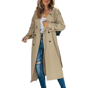 New Women’s Fashion Double-Breasted Long Trench Coat, Classic Lapel Long-Sleeve Windproof Overcoat with Belt for Autumn, Army Green, Khaki, Black, Blue, Sizes S, M, L, XL, XXL