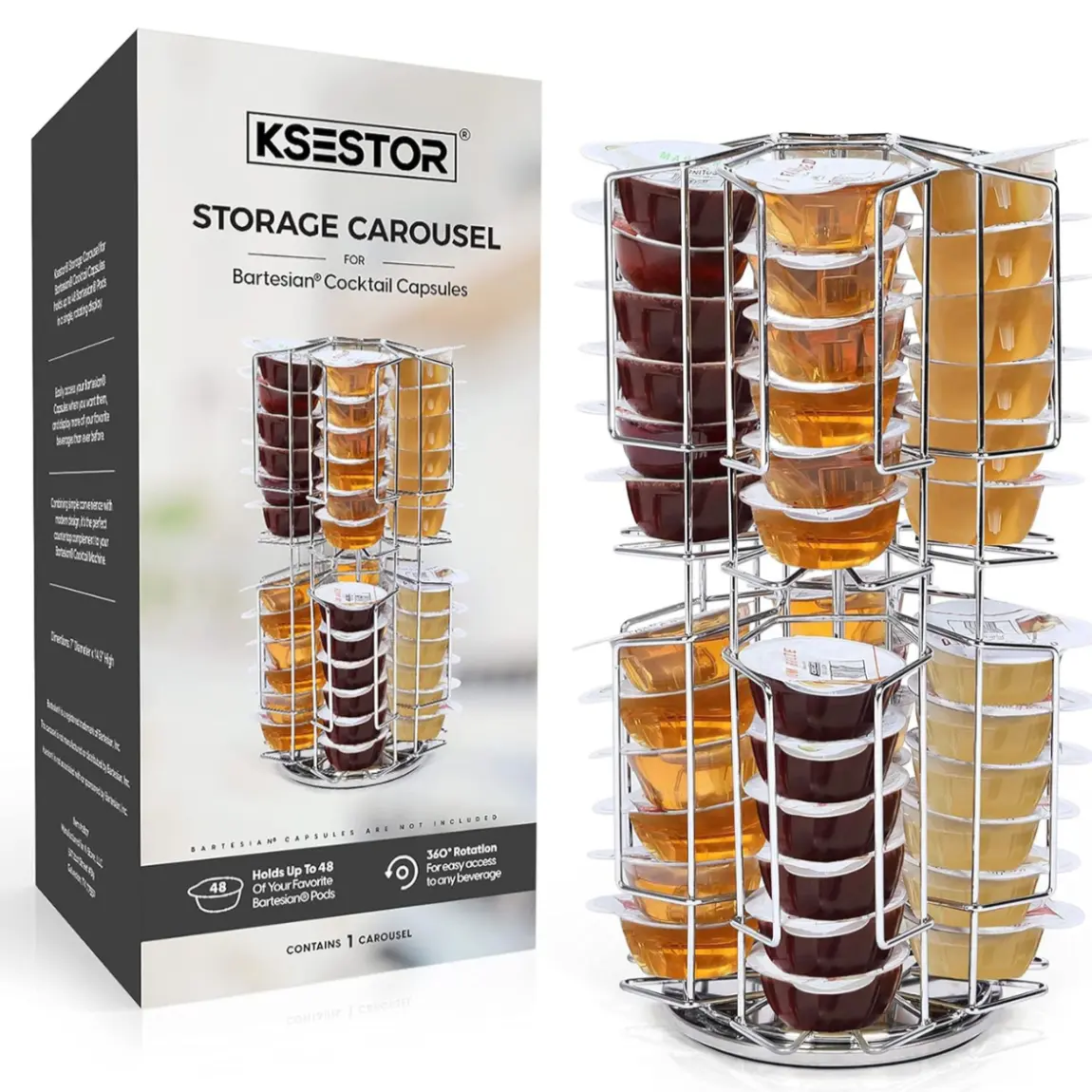 KSESTOR Bartesian Capsule Organiser - 48-Pod Rotating Chrome Rack, 360-Degree Countertop Storage for Home Bars, Durable Food & Beverage Cocktail Maker Accessory, Space-Saving