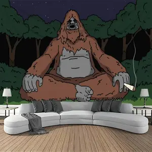 Funny Big-foot Sasquatch Tapestry Humorous Indoor Wall Hanging Decor Polyester Ideal for Living Room, Bedroom, Dorm Home Decoration with Nighttime Forest Design, Room Decor trippy room decor Independence Day father's day gifts,gifts boyfrie