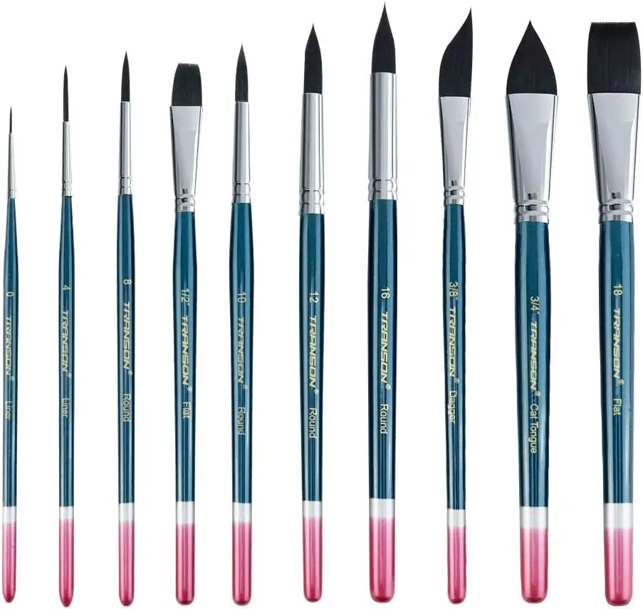 Transon 10pcs Natural Watercolor Paint Brush Set Professional for Watercolor Acrylic Ink Gouache Tempera Blue Color Artist Bundle Art Supplies