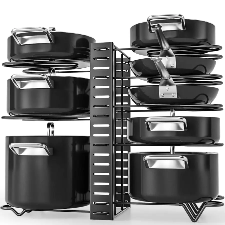 Pot Rack Organizers, 8 Tiers Pots and Pans Organizer for Kitchen Organization & Storage, Adjustable Pot Lid Holders & Pan Rack, Lid Organizer for Pots and Pans with 3 DIY Methods