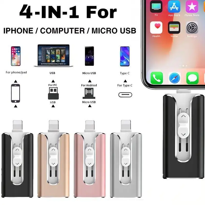 4-in-1 iPhone Flash Drive USB 3.0, Compatible with iPhone Type-C Android PC, External Storage Flash Drive, Pendrive USB Memory Stick, USB Thumb Drive, Plug and Play with App, USB Flash Drives, 64GB 128GB 256GB 512GB 1TB