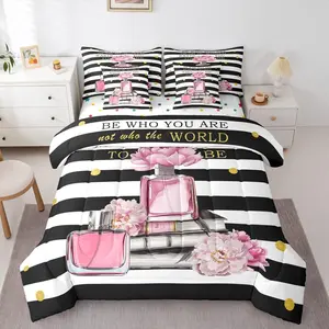 Pink Floral Comforter Set with Sheets for Girls Girly Cute Modern Fashion 7 Piece Bedding Set,Boho Black and White Striped Bed in a Bag Inspiring Women Perfume Preppy Coquette Bow