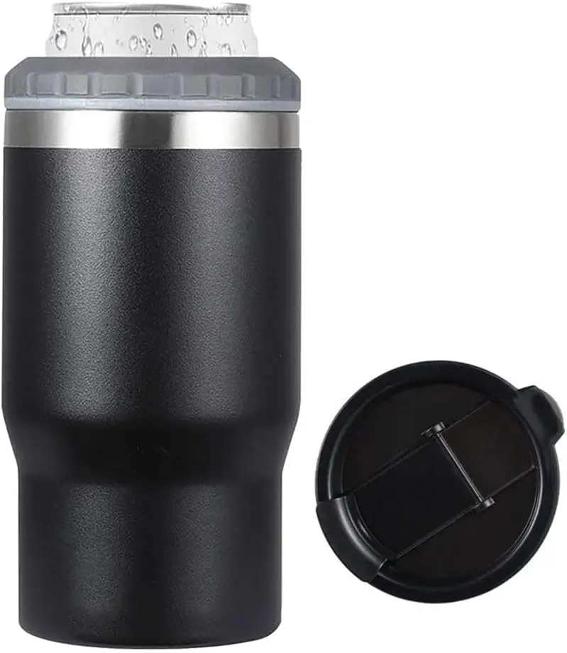 4-in-1 - Stainless Steel Can Cooler Bottle Insulator With 2 Lids for 12oz can & bottle, Double walled insulated Thermocooler & Travel Mug Holder Keeping Your Beverage Cold, Black