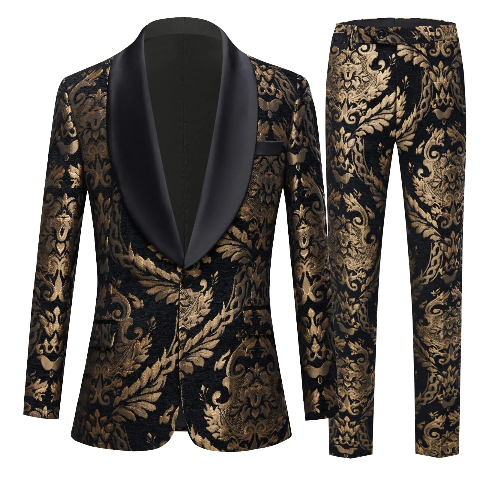 Men's Slim-Fit 2-Piece Jacquard Tuxedo Suit Set, Gold & Black Shawl Lapel Formal Wear for Weddings, Prom, Menswear, Jacquard Weave, Slim-Fit Cut, Suit Jacket Pants, Wedding Prom, Party, Two-Piece Suit