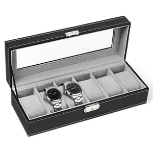 6 Slots Watch Box Organizer for Men, Leather Watch Box Display Case Organizer, Glass Jewelry Storage for Male