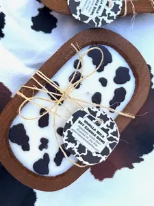 Cow Print Wooden Dough Bowl Candle, Vanilla Milk Soy Candle, Livestock Gift, Farmhouse Candle Scented w/Vanilla Bean 8.5"