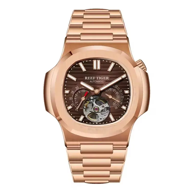 Reef Tiger Men's Automatic Mechanical Wristwatch, 44mm Square Geometric Design, Stainless Steel Construction, Luminous Hollow-Out Dial, Sapphire Mirror, 5ATM Waterproof, Automatic Mechanical Wrist Watches, Full Metal Construction Wrist Watches, Mechanical