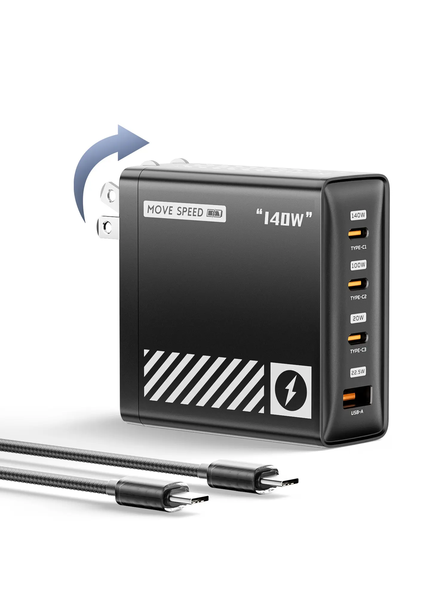 MOVE SPEED 140W USB C Charger PD3.1 GaN 4-Port Compact Laptop Wall Charger Foldable Plug 3xUSB-C Ports Fast Charging for MacBook Pro/Air, iPhone, iPad Pro, Dell XPS etc (with 140W Cable), Power Adapter, Type C Ports