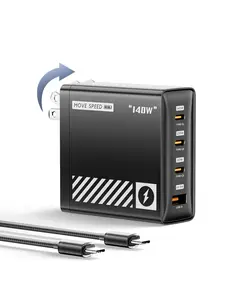 MOVE SPEED 140W USB C Charger PD3.1 GaN 4-Port Compact Laptop Wall Charger Foldable Plug 3xUSB-C Ports Fast Charging for MacBook Pro/Air, iPhone, iPad Pro, Dell XPS etc (with 140W Cable)