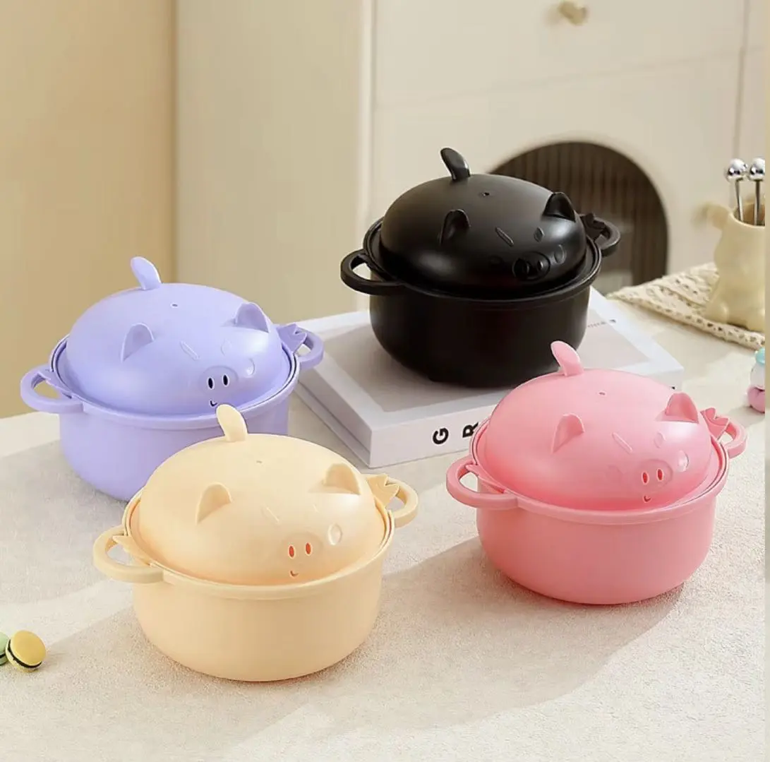 Large 45oz Cute Ramen Bowl Microwavable Pig Ramen Noodle Cooker Wheat Straw Bowl with Strainer Lid Spoon Chopsticks Fork Back to School Gift for Dorm College (black)
