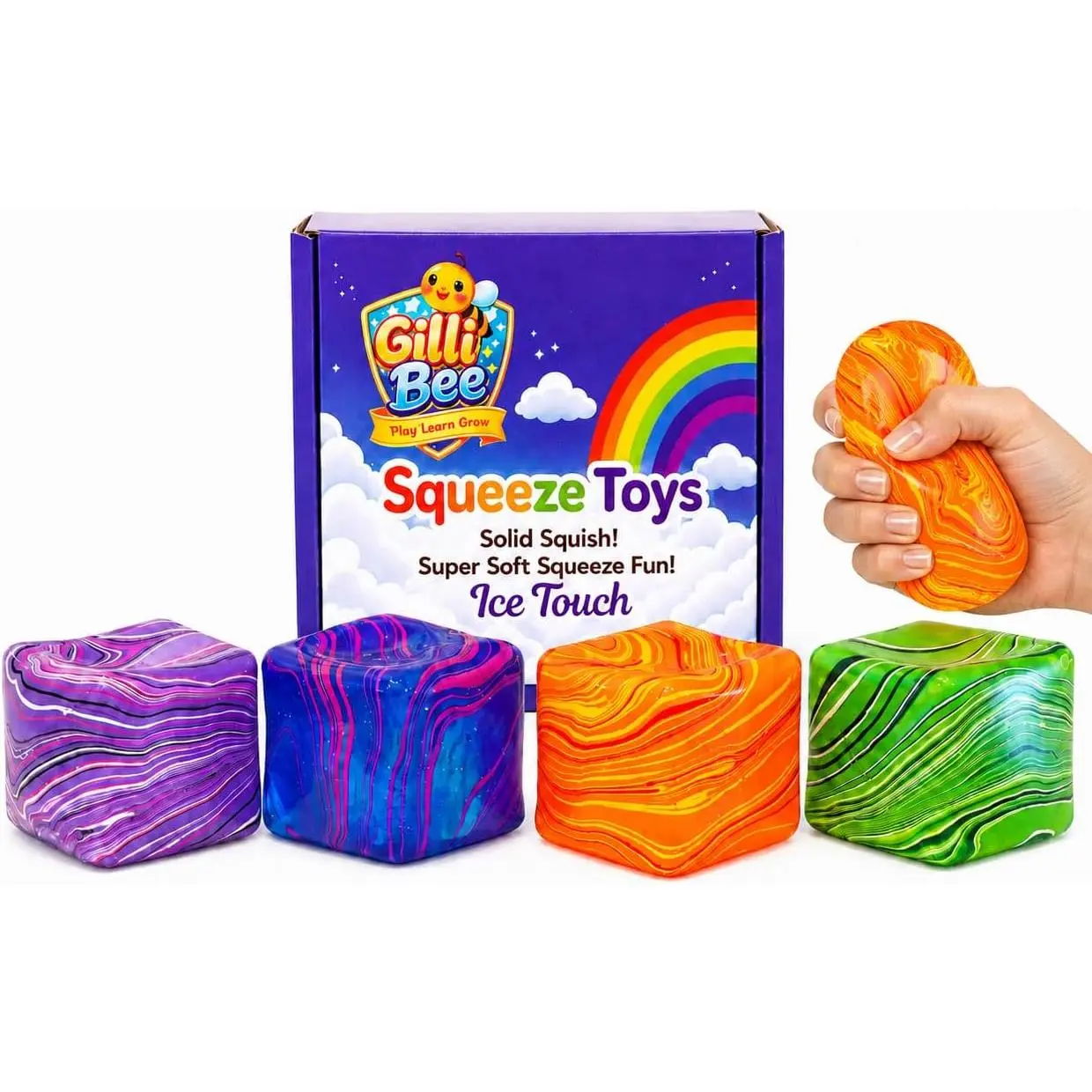 4-Pack Marble Squeeze Cubes 1.97in - Slow Rise Sensory Toy | 4-pack marble squeeze cubes 1.97in, slow rise rebound, stress relief fidget set for kids and adults, non-toxic TPR