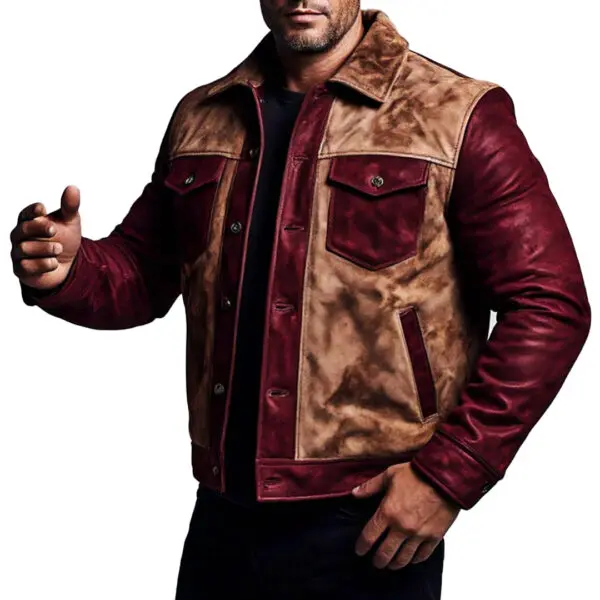Men’s Maroon & Camel Brown Vintage Retro Style suede Leather Jacket – Distressed Red Wax Real suede Leather Jacket