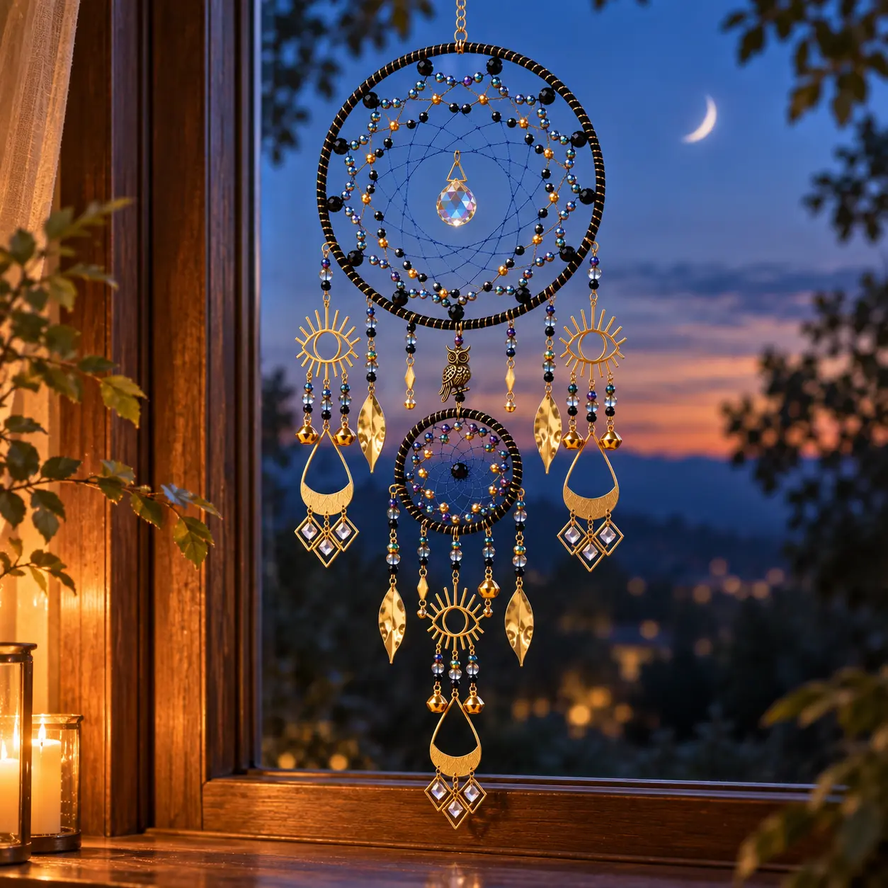 Handmade Owl Dreamcatcher Suncatcher, Black Gold Celestial Window Hanging Decor with Glass Beads & Prism, Boho Wall Decor for Bedroom Living Room Porch Garden, Unique Gift for Women