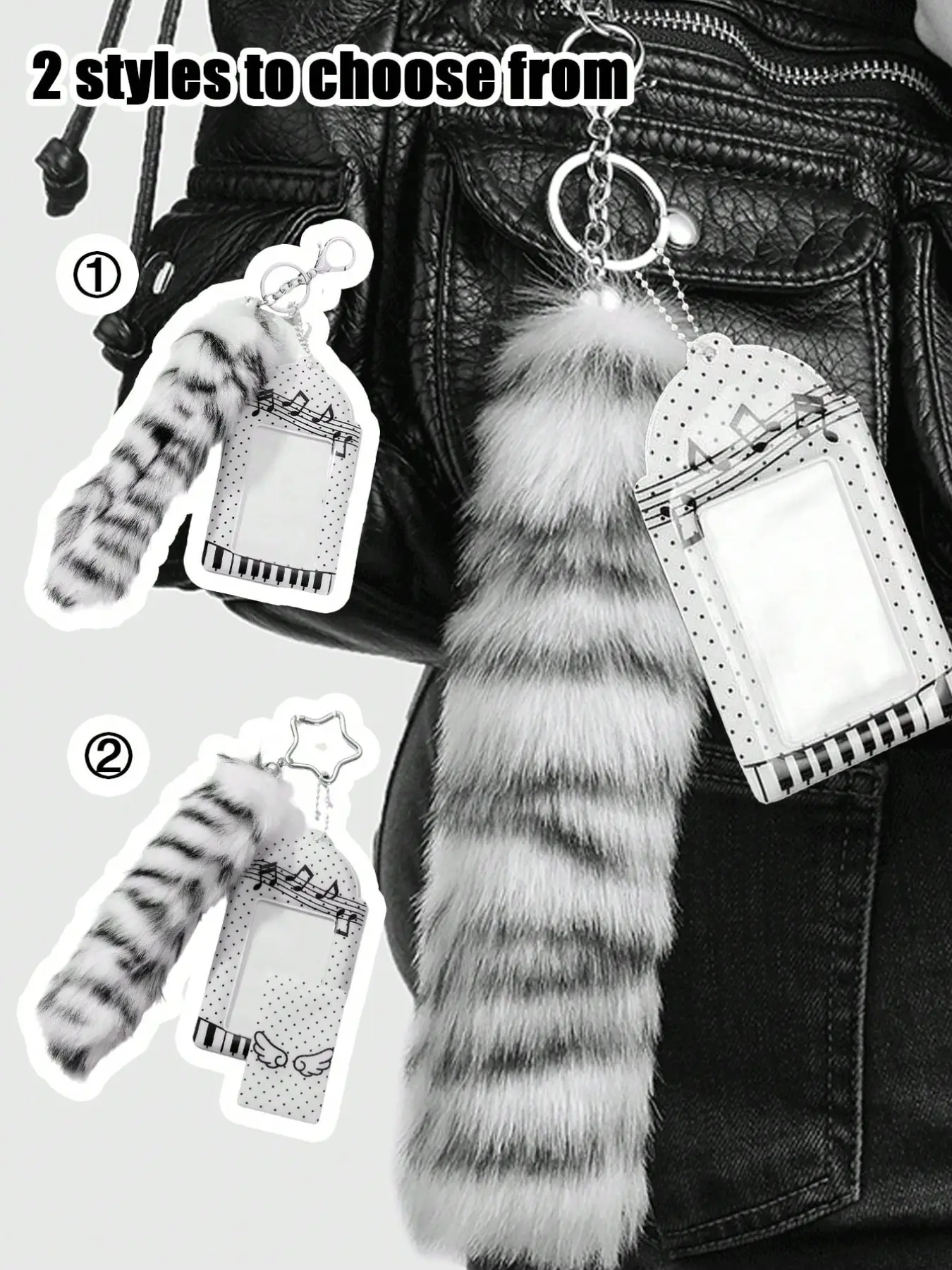 Y2K Punk Faux Fur Tail Fashion Keychain, Cute Keychain Accessory, Vintage Gradient Bag Charm, Cute Acrylic Frame Keyring, Music Notes Design