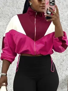 Women's Patchwork Casual Long Sleeve Jacket, Zip Front Jacket, Zipper Drawstring Sportswear, Fitted Design, All Seasons, No Pants Included
