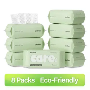 Unifree Face Clean Towels, Dry Facial Towels, Disposable, 100% Plant Fiber & Biodegradable, Ultra Soft & Thick, Large 7.9''x7.9'', Superabsorbent, Washcloth cleaning towel Natural  Sheet Skincare Comfort Bio-Degradable Silky Soft Single Use Tissues