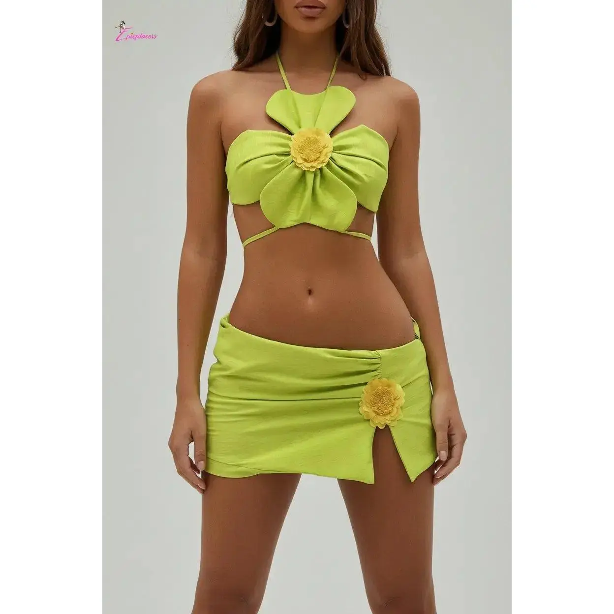 Lime Green Floral 3 Piece Bikini Set
