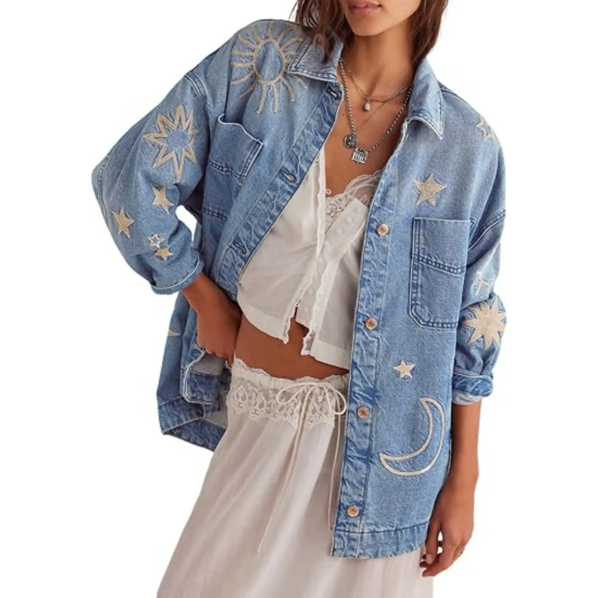 utcoco Women's Retro Chic Long Sleeve Oversized Denim Jacket, Embroidered Graphic, Button-Down, Casual Loose Fit Sun-Protective Jean Jacket, Embroidery, Coats