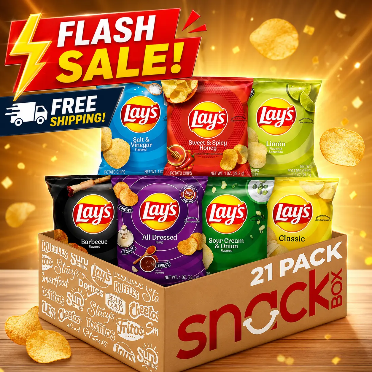 Lay's Potato Chips Variety Pack of 21  1 oz Individual Snack Bags – Classic, Barbecue, Sour Cream & Onion & Salt & Vinegar Assorted Crisps, Perfect Grab-and-Go Lunch Snacks for School, Work, Travel, Parties & Family Snack Box
