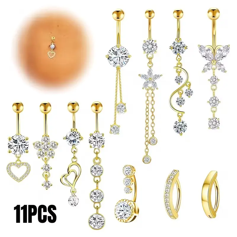 11Pcs Surgical Stainless Steel Dangle Belly Button Ring Set, 10mm Silver Gold Navel Piercing Jewelry with Rhinestone Heart Butterfly Flower Charms, Hypoallergenic Body Piercings for Women Daily Party Birthday Gift