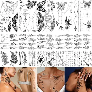 200+PCS Temporary Tattoos for Women, Waterproof Black Realistic Rose Hummingbird Necklace Tattoos Sketch Fake Tattoo for Women Body Art Arm Neck Hands Chest Neck Collarbone Spine Back