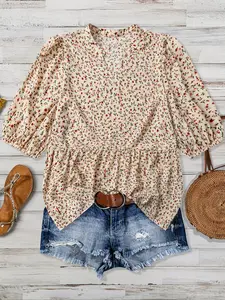 Elegant Plus Size V Neck Woven Shirt, Blouse, Small Floral Print, Vacation Style, Women's Fashion Top, New Arrival, Perfect for Casual Wear