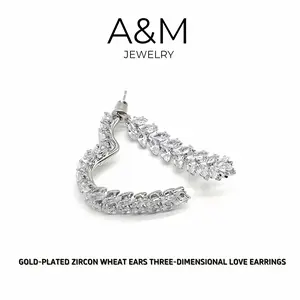 A&M 14K Gold Plated Heart-Shaped Elegant Earrings For Women- Cubic Zirconia Stones Jewelry