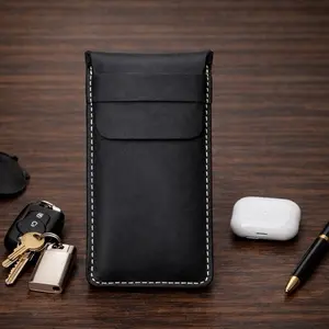 Nepa Handmade Black Leather Everyday Pouch Stylish Brown Leather Case for Keys Accessories with Secure Closure