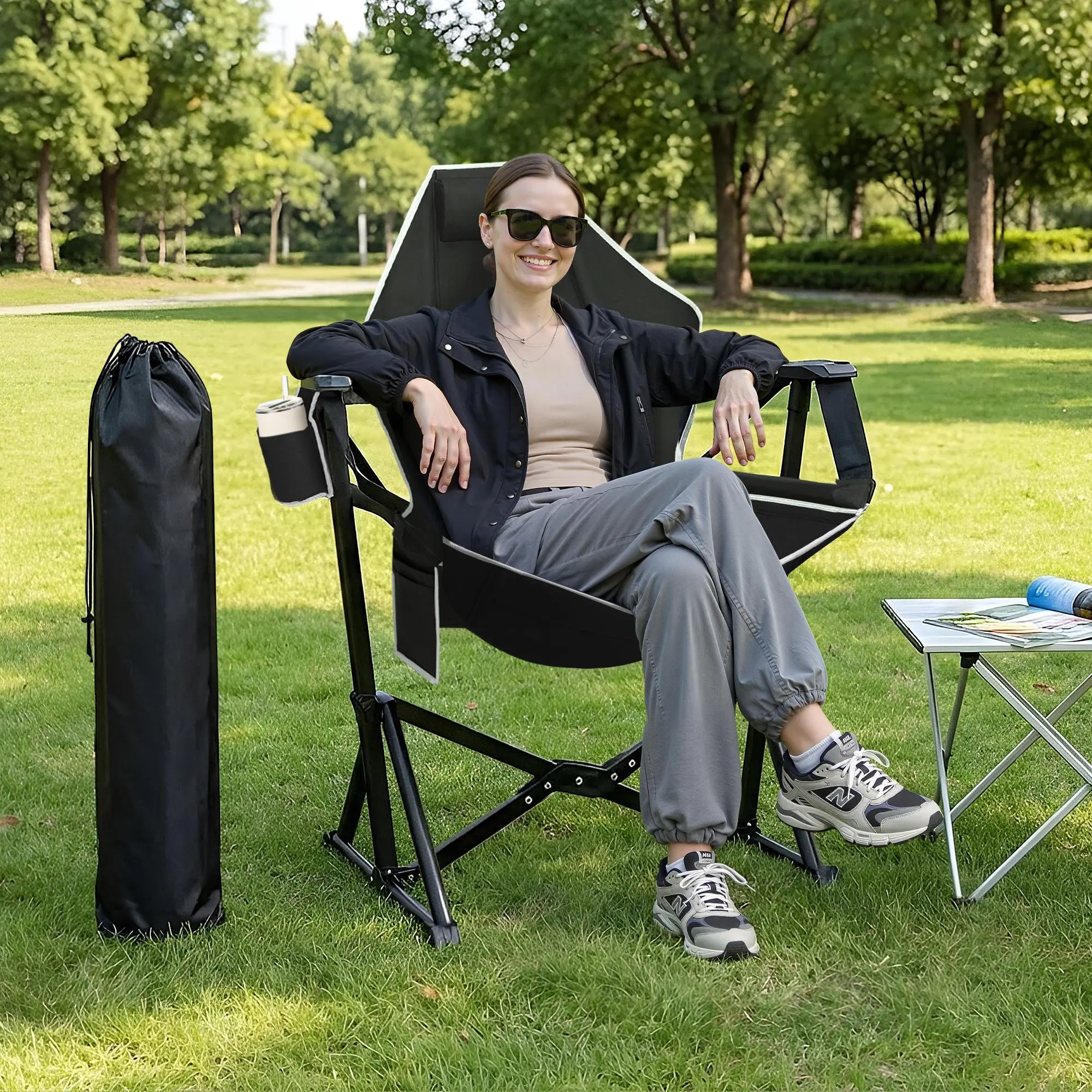 Portable Foldable Moon Chair - Swinging Camping Chair with Adjustable Backrest, Armrests, Easy Fold, 330lbs Capacity, Folding Lawn Chaise for Camping, Backyard Stargazing