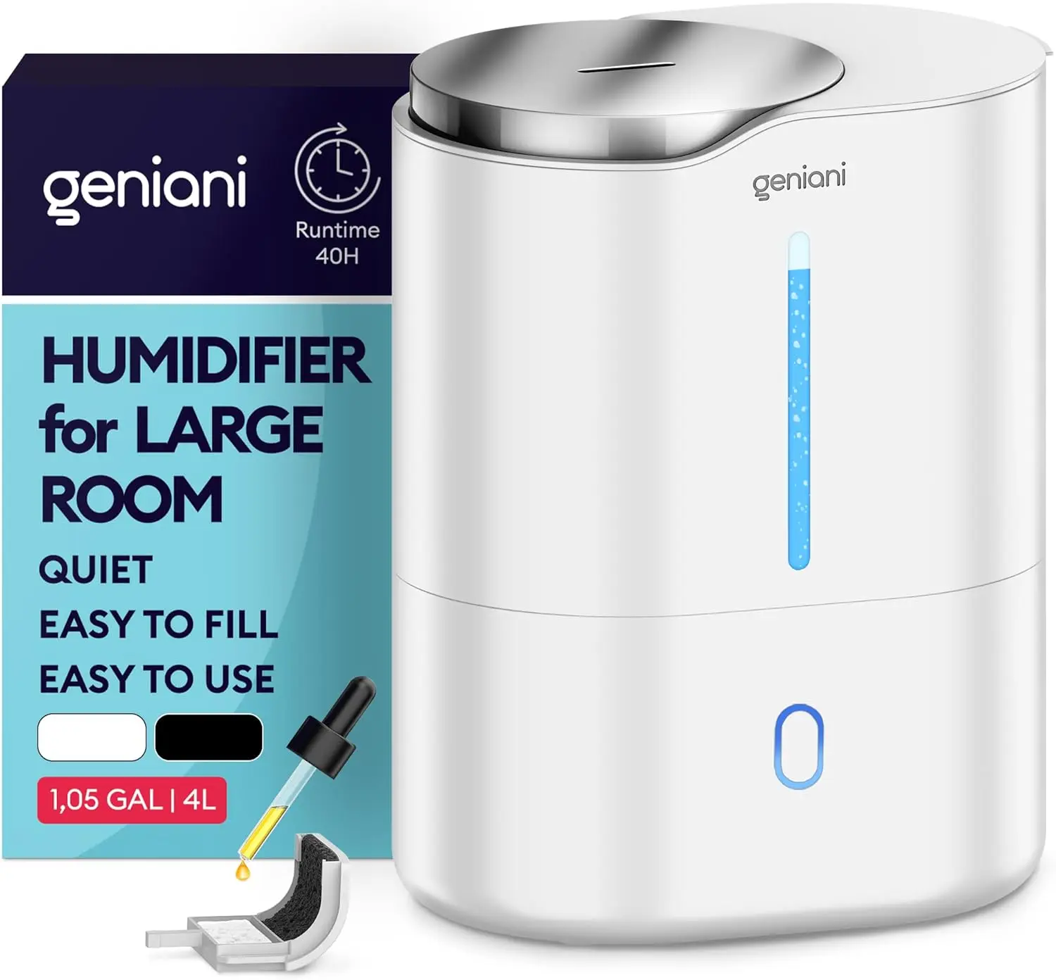 Geniani Huron 4L Top Fill Humidifier - Quiet Ultrasonic Cool Mist for ...