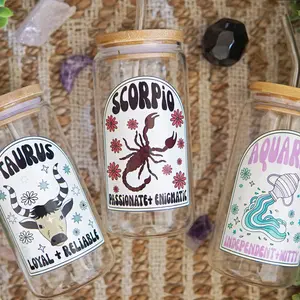Zodiac Sign Collection Glass Tumbler with Lid and Plastic and Glass Straws