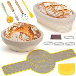 Bread proofing basket set, 9.06-inch round + 9.84-inch oval proofing bowls, yogurt bread making tool kit including kneading stick, scraper, bread knife and slicing knife.