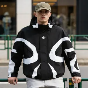Men's American High-Street Striped Black-and-White Color-Block Hooded Windproof Waterproof Outdoor Jacket, Loose Fit, Distinctive Logo Print, Drawstring Design, Longsleeves, Casual for Streetwear, Campus Commuting